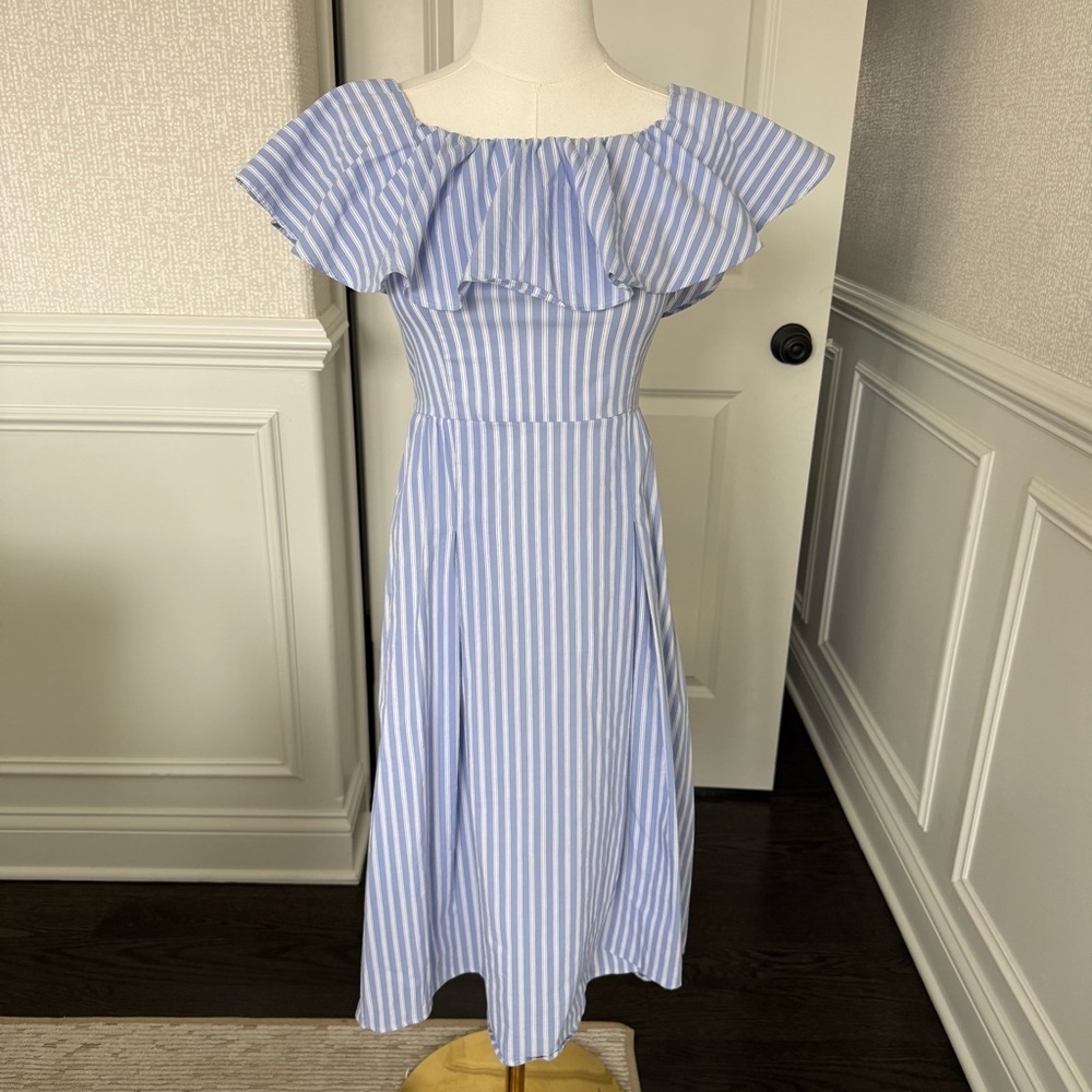 H&M Light Blue and White Striped Off-Shoulder Midi Women's Dress US 2